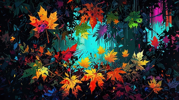 a colorful display of autumn leaves with a blue background