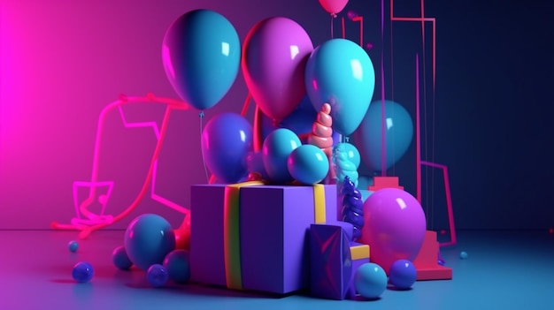 A colorful display of balloons and a box with the word birthday on it