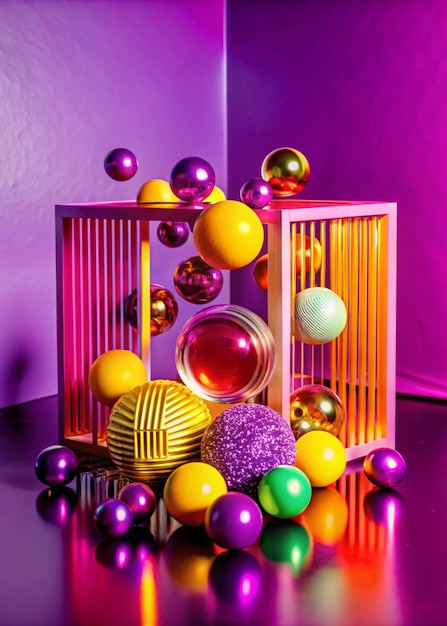 a colorful display of balls and a purple background with a purple background