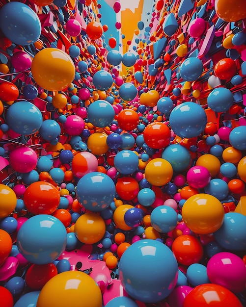 a colorful display of balls with a pink ribbon in the middle