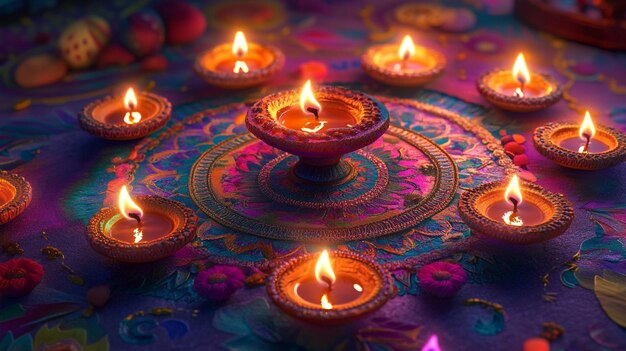 a colorful display of candles with a colorful background