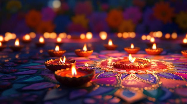 a colorful display of candles with a colorful pattern of flowers