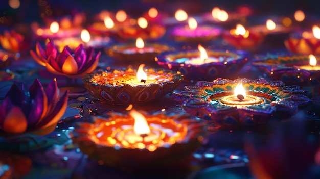 Photo a colorful display of candles with a flower in the middle