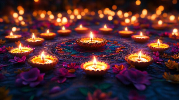 a colorful display of candles with flowers in the center