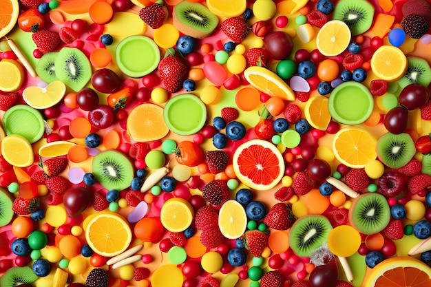 A colorful display of candy including a variety of fruit.