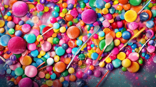 A colorful display of candy is shown with a black background.