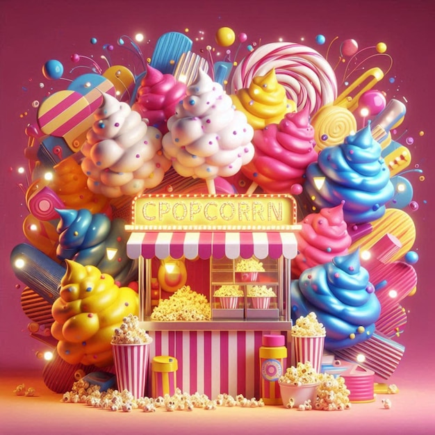 a colorful display of a candy store with a box of popcorn and candy