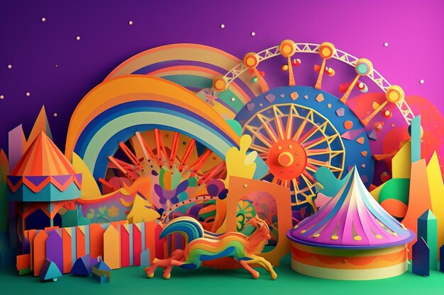 A colorful display of a carnival with a ferris wheel in the background.