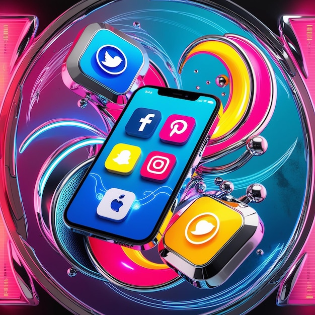 a colorful display of a cell phone with the facebook logo on it