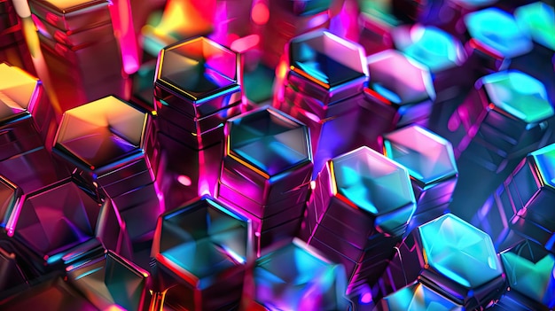 a colorful display of colored glass cubes with a colorful background