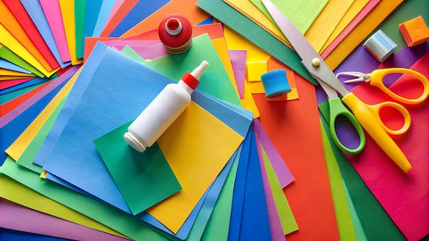 Photo a colorful display of colored paper with a spool of thread and scissors