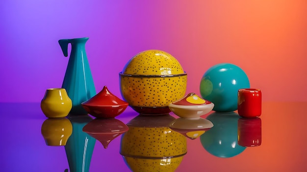 a colorful display of colorful glass vases and a colorful bowl with a blue and purple background