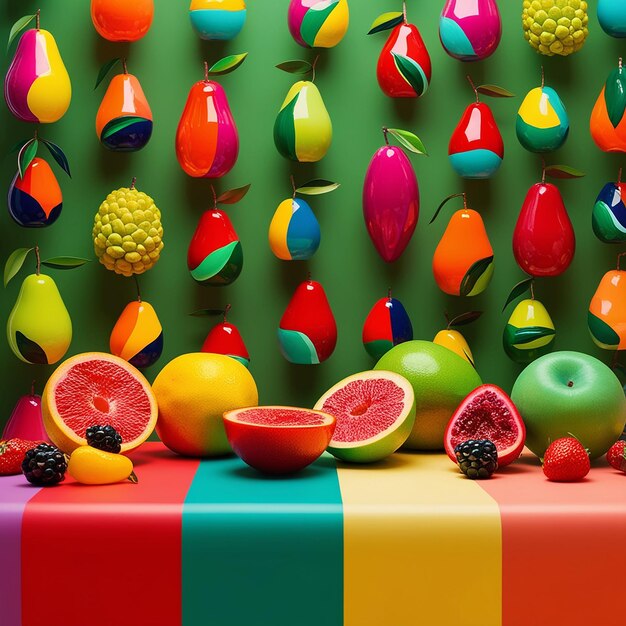 Photo a colorful display of colorful paint and fruits