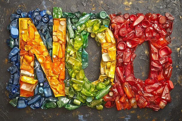 Photo a colorful display of colorful plastic bottles and the word no on it