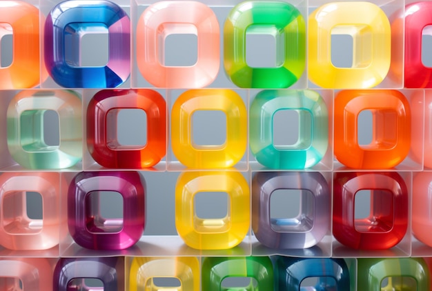 Photo a colorful display of colorful plastic circles with a square of the bottom