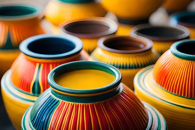 a colorful display of colorful vases with different colors.