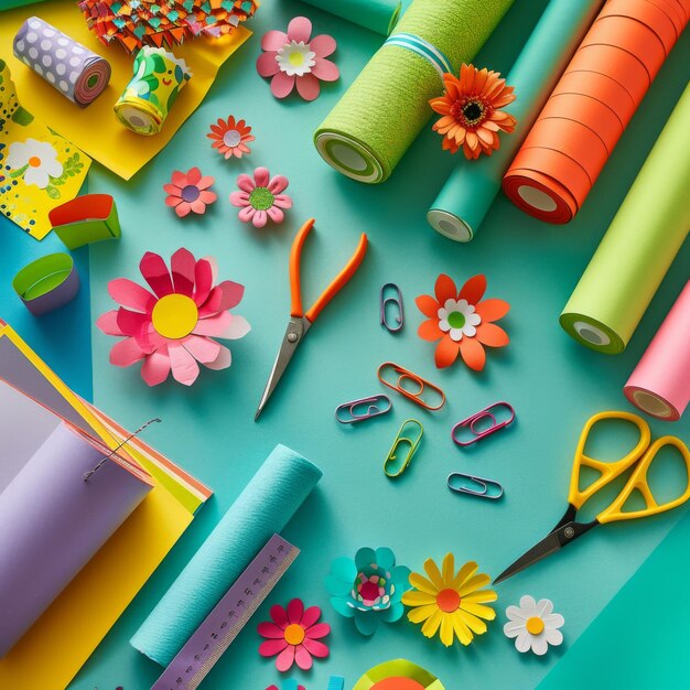 a colorful display of craft supplies including a pair of scissors and a pair of scissors