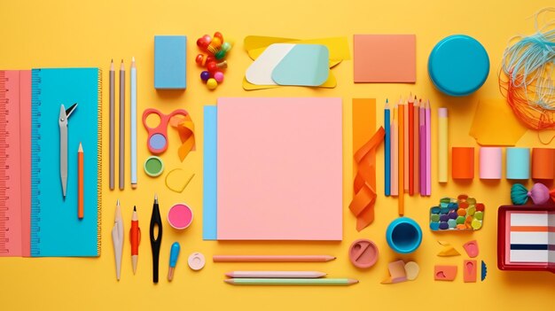 Photo a colorful display of craft supplies including a pink notebook pencil and other items