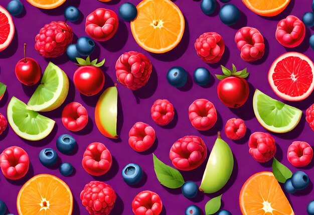 a colorful display of different fruits including berries and oranges