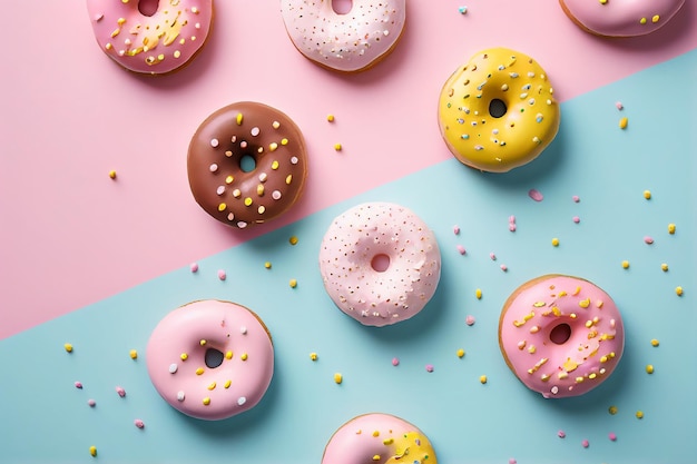 A colorful display of donuts on a pink and blue background