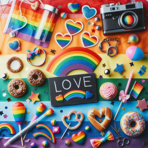 Photo a colorful display of donuts and rainbows