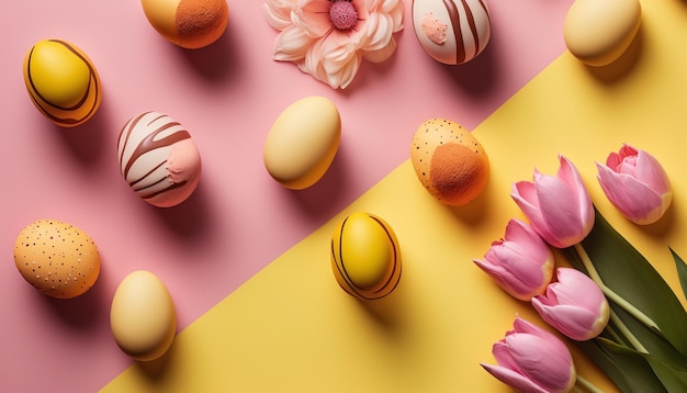 A colorful display of easter eggs and flowers on a pink and yellow background.