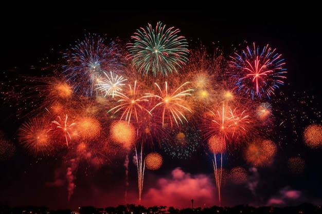 A colorful display of fireworks is lit up in the night sky.