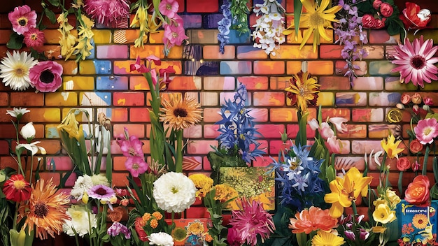 a colorful display of flowers and a brick wall