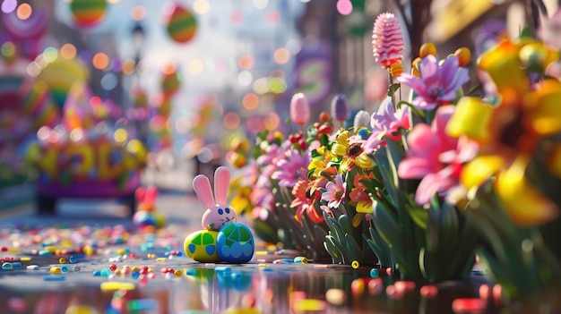 Photo a colorful display of flowers and a bunny rabbit