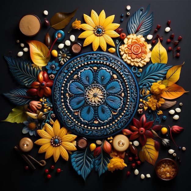 a colorful display of flowers and a circle of flowers