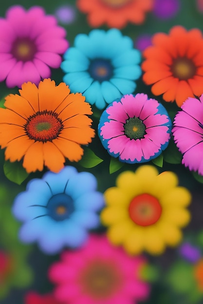 a colorful display of flowers with a blue and pink background