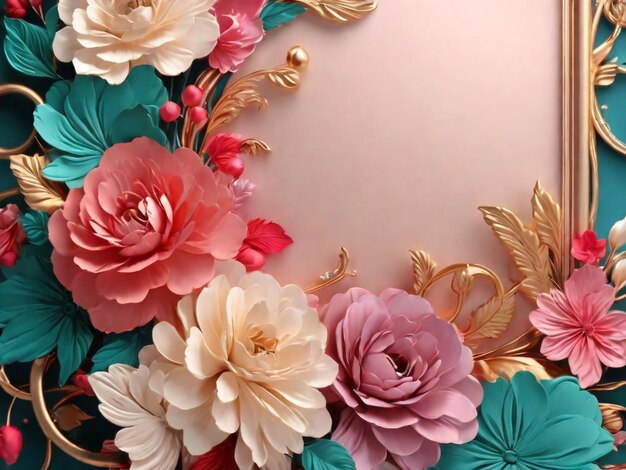 a colorful display of flowers with a gold leaf