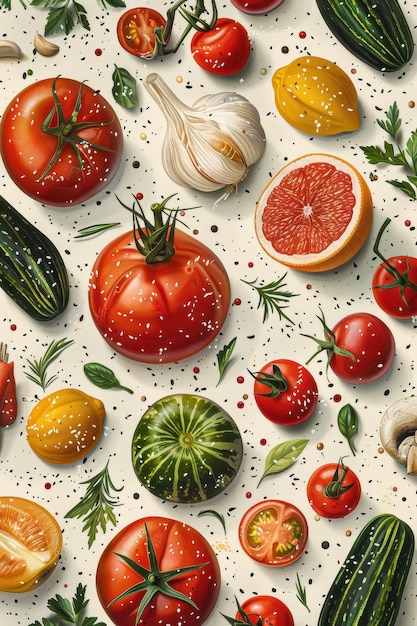 Colorful display of fresh fruits and vegetables on a textured background