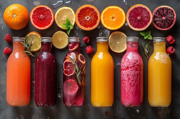 Photo colorful display of freshly made fruit juices on a rustic table