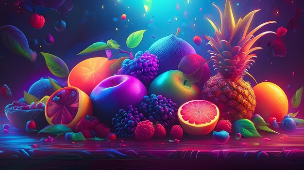 a colorful display of fruit and a picture of a fruit on a table