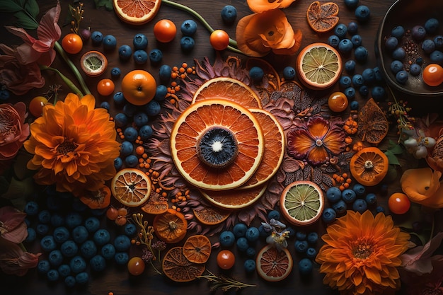 A colorful display of fruits and berries with a blueberry and orange background.