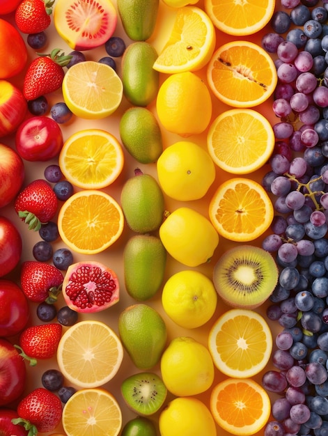 A colorful display of fruits including oranges kiwis and grapes