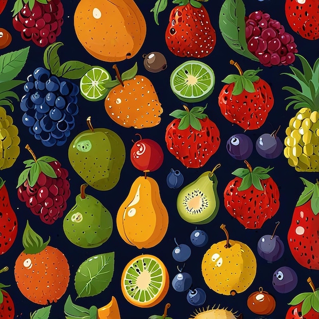 a colorful display of fruits including strawberries blueberries and a green leaf