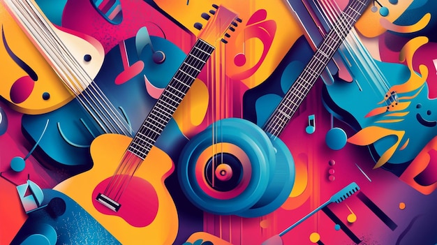 a colorful display of a guitar and a colorful background