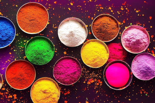 A colorful display of holi powder is displayed on a purple background.