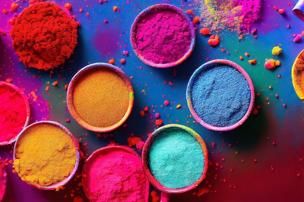 A colorful display of holi powder is shown in bowls on a table.