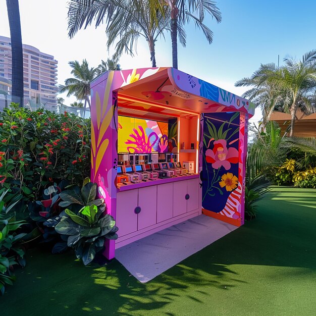 a colorful display of kiosk with a pink box on the side