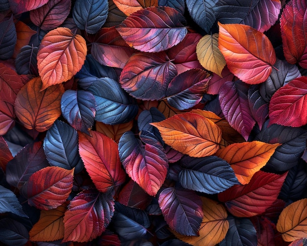 a colorful display of leaves that have purple and red leaves