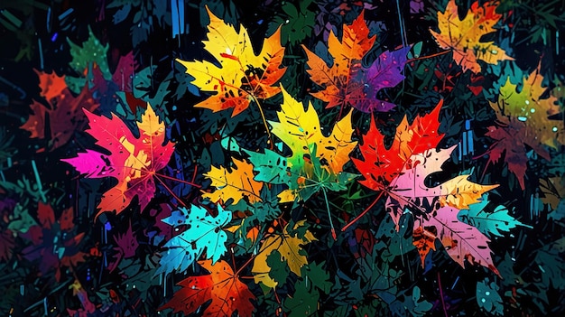 a colorful display of leaves with a skull on the top