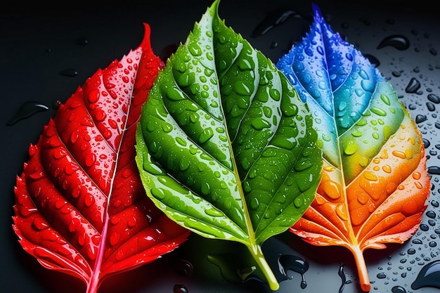 Photo a colorful display of leaves with water drops on them