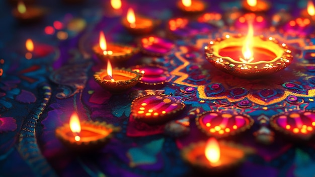 a colorful display of lit candles with a colorful pattern of butterflies