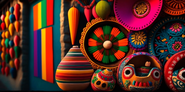 A colorful display of mexican art is displayed in front of a colorful wall.