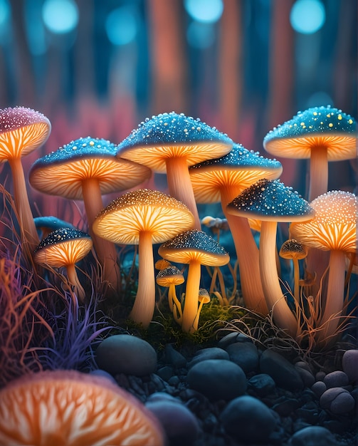 a colorful display of mushrooms and purple mushrooms