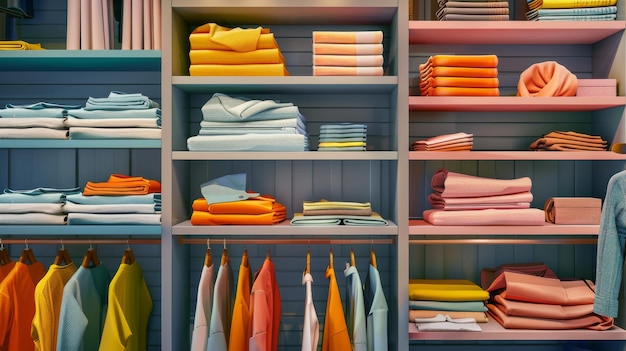 A colorful display of neatly folded and organized clothes in a closet creating a vibrant and inviting atmosphere of tidiness