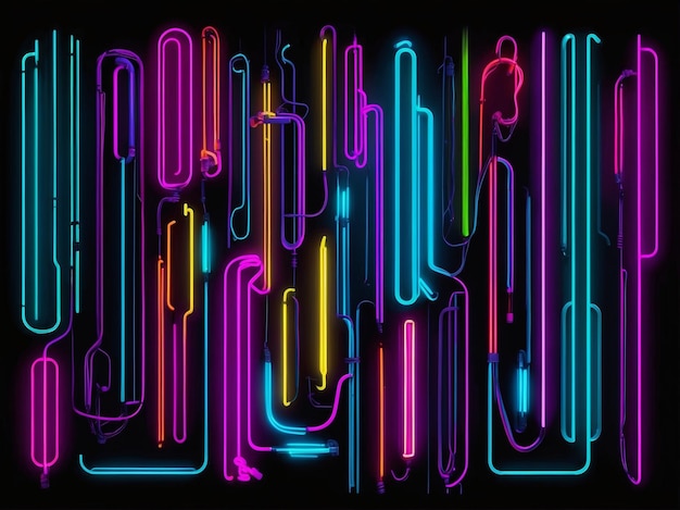 a colorful display of neon lights with the word hand written on it